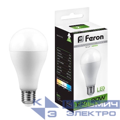 Лампа светодиодная LB-98 20Вт A65 грушевидная 4000К E27 230В FERON 25788