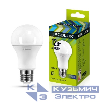 Лампа светодиодная LED-A60-12W-E27-6500K 12Вт грушевидная 6500К холод. бел. E27 180-240В ЛОН Ergolux 12880