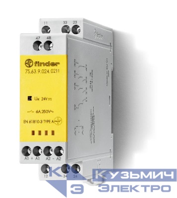 Реле безопасности модульное электромеханич. (реле с принудительным управлением контактами) 2NO+1NC+1 AUX(доп.контакт) 6А AgSnO2 24В DC винт. клеммы 22.5мм IP54 FINDER 7S6390240211