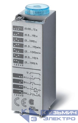 Таймер миниатюрный мультифункциональный (AI DI SW GI) монтаж в розетку 240В AC 2CO 10А регулировка времени 0.05с…100ч IP40 в комплекте металлич. клипса 094.81 FINDER 850282400000