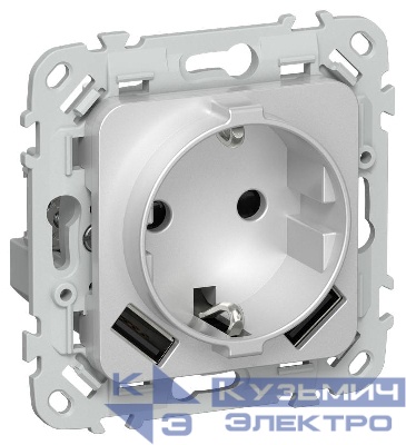 Розетка 1-м СП FLITE РСЮша11-1-ФлА 16А с USB A+A 3.1А с заземл. с защ. шторками безвинтовое крепление механизм алюм. IEK FI-R14-16-1-U21-D31-K47