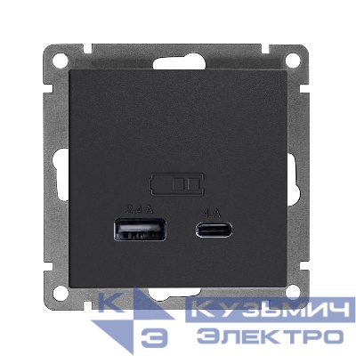 Розетка 2-м USB СП Афина тип А+С 5В 1х2.4А 2х4А механизм графит Universal А0059-Gr