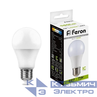 Лампа светодиодная LB-91 7Вт A60 грушевидная 4000К E27 230В FERON 25445