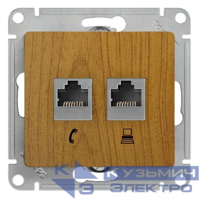Розетка компьютерная + телефонная 2-м СП Glossa RJ45 + RJ11 кат.5E механизм дерево дуб SE GSL000585