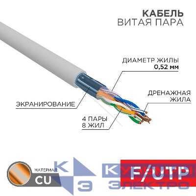 Кабель витая пара F/UTP кат.5E 4х2х0.52 24AWG PVC нг(А)-LS INDOOR SOLID сер. РФ (305м) Rexant 01-0141-R