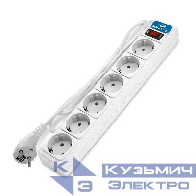 Удлинитель с сетевым фильтром 6х3м с заземл 10А IP20 2.2кВт ПВС 3х1 с выкл. бел. DOMTOK 2516