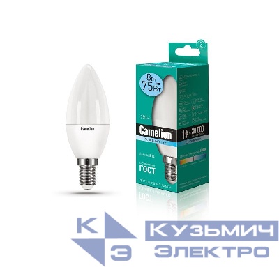 Лампа светодиодная LED8-C35/845/E14 8Вт свеча 4500К бел. E14 750лм 170-265В Camelion 12386