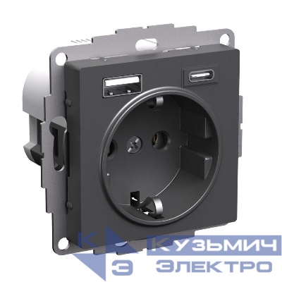 Розетка AtlasDesign 16А с 2-мя заряд. устройствами USB тип A+C 5В/2.4А/3.0А 2х5В/1.5А механизм базальт SE ATN001432