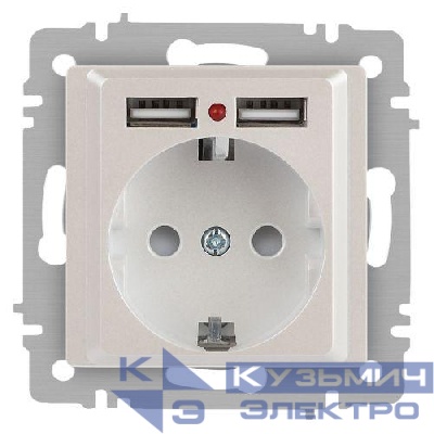 Розетка 1-м СП Accent 6-410-06 16А IP20 250В P+E Schuko + 2хUSB защ. шторки перламутр. Intro Б0063700