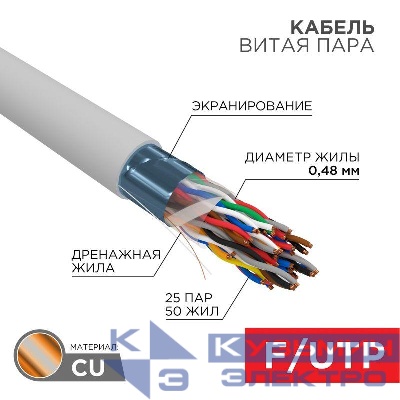 Кабель витая пара F/UTP кат.5e 25PR 24AWG LSZH нг(А)-HF INDOOR SOLID сер. (м) РФ Rexant 01-1206-R
