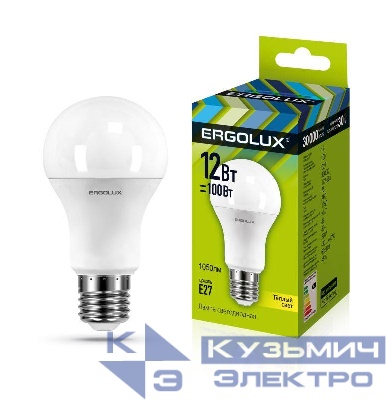 Лампа светодиодная LED-A60-12W-E27-3000K 12Вт грушевидная 3000К тепл. бел. E27 180-240В ЛОН Ergolux 12150