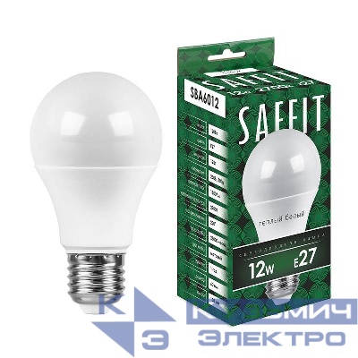 Лампа светодиодная SBA6012 12Вт A60 грушевидная 2700К E27 230В SAFFIT 55007
