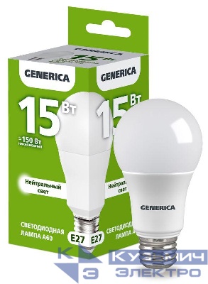 Лампа светодиодная A60 15Вт грушевидная 4000К E27 230В GENERICA LL-A60-15-230-40-E27-G