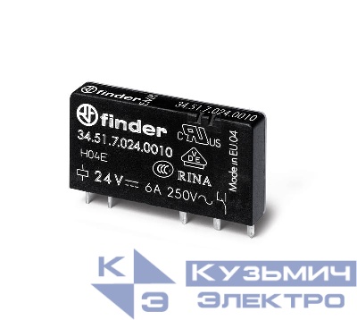 Реле ультратонкое электромеханич. монтаж на печатную плату 1CO 6А AgSnO2 24В DC (чувствит.) RTII FINDER 345170244010