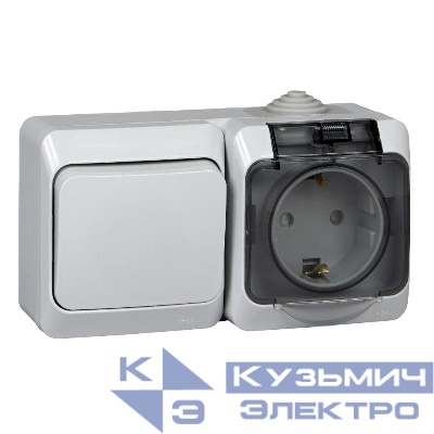Блок ОП Этюд (1-м розетка 16А 250В евростандарт с заземл. защ. шторки + 1-кл. выкл.) IP44 сер. SE BPA16-241C