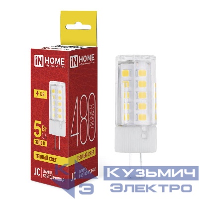 Лампа светодиодная LED-JC 5Вт 12В G4 3000К 480лм IN HOME 4690612059013