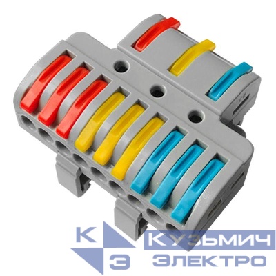 Клемма проходная разветвительная СМК 3x3D 3п на DIN-рейку 0.08-4кв.мм (1 ввод 3 вывода на полюс) сер. (уп.15шт) Rexant 07-5284