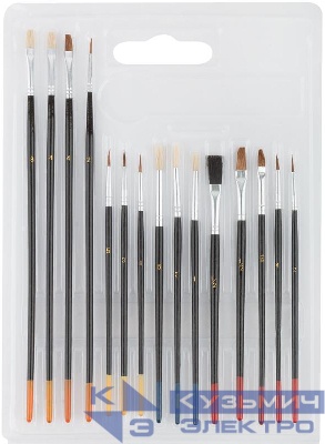 Кисть художественная натуральная щетина деревянная ручка плоские и круглая набор 15шт FIT 01535