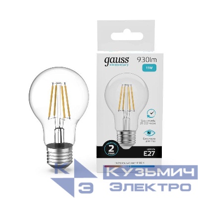 Лампа светодиодная филаментная Filament Elementary А60 11Вт 4100К Е27 930лм GAUSS 22221