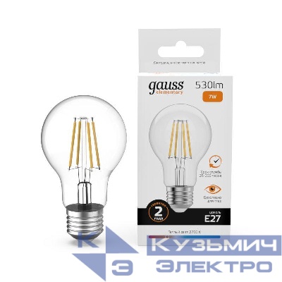 Лампа светодиодная филаментная Filament Elementary А60 7Вт 2700К Е27 530лм GAUSS 22217