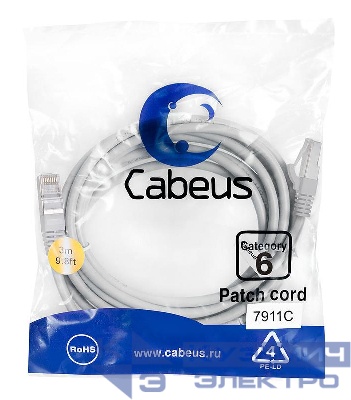 Патч-корд F/UTP кат.6 PC-FTP-RJ45-Cat.6-3m-LSZH 2xRJ45/8p8c экранир. LSZH 3м сер. Cabeus 7911c