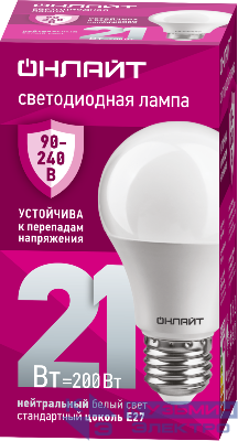 Лампа светодиодная 90 405 OLL-A60-21-230-4K-E27 21Вт грушевидная 4000К E27 90-240В PRO ОНЛАЙТ 90405