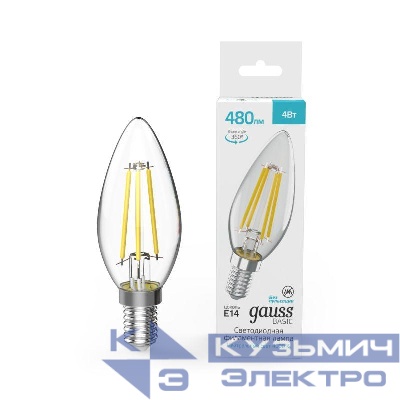 Лампа светодиодная филаментная Basic Filament 4Вт Свеча 4000К E14 480лм GAUSS 50312242