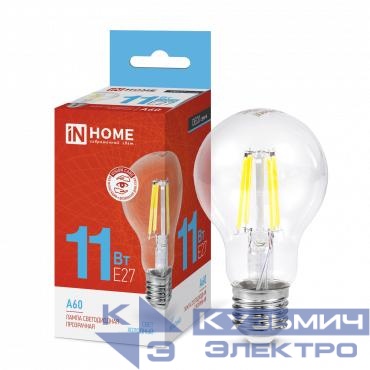 Лампа светодиодная LED-A60-deco 11Вт грушевидная прозрачная 6500К холод. бел. E27 1160лм 230В IN HOME 4690612026169