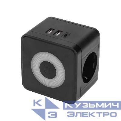 Двойник электрический Куб 16А с/з+2хUSB-A 2.4А+USB Type-C 3А с ночной подсветкой черн. Rexant 11-1252