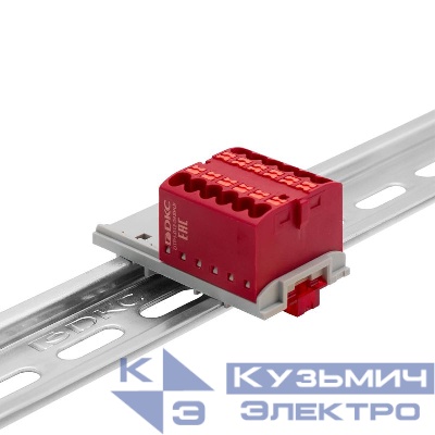 Блок распределительный с вертикал. адаптером на рейки шир. 15/35мм зажим push-in 12 точек подключения 2.5кв.мм красн. DKC DTP1-012-04SPUR-V