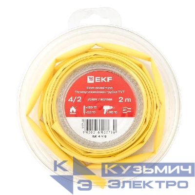 Трубка термоусадочная ТУТ нг 4/2 желт. ролик 2 м EKF tut-4-y-b