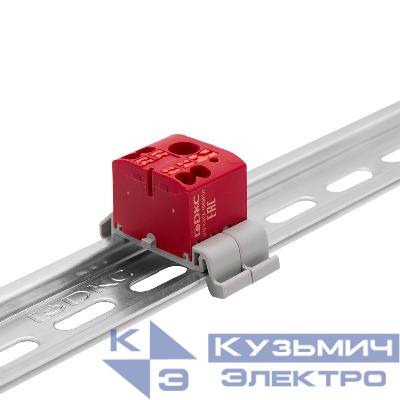 Блок распределительный с горизонт. адаптером на рейку шир. 35мм зажим push-in 1 ввод 6кв.мм 4 точки подключения 2.5кв.мм красн. DKC DTP1-104-104SPUR-H