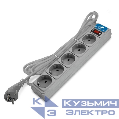 Удлинитель с сетевым фильтром 5х5м с заземл 10А IP20 2.2кВт ПВС 3х1 с выкл. сер. DOMTOK 2534