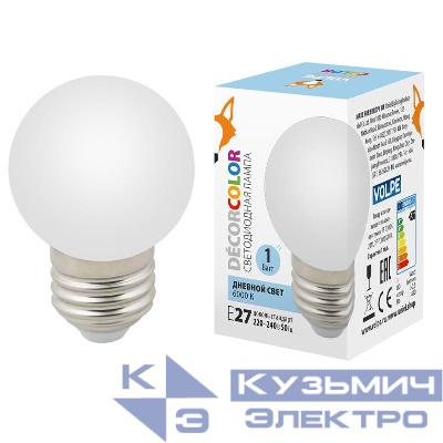 Лампа светодиодная LED-G45-1W/6000K/E27/FR/С 1Вт шар матовая 6000К холод. бел. E27 декоративная (упак. картон) Volpe UL-00005806