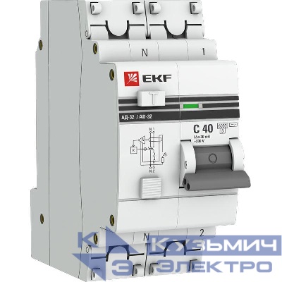 Выключатель автоматический дифференциального тока 2п (1P+N) C 40А 30мА тип AC 6кА АД-32 защита 270В электрон. PROxima EKF DA32-6-40-30-ac-pro