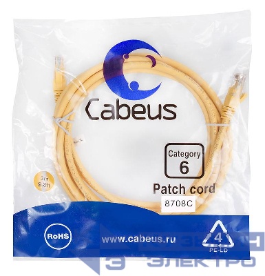 Патч-корд U/UTP кат.6 PC-UTP-RJ45-Cat.6-3m-YL 2xRJ45/8p8c неэкранир. PVC 3м желт. Cabeus 8708c