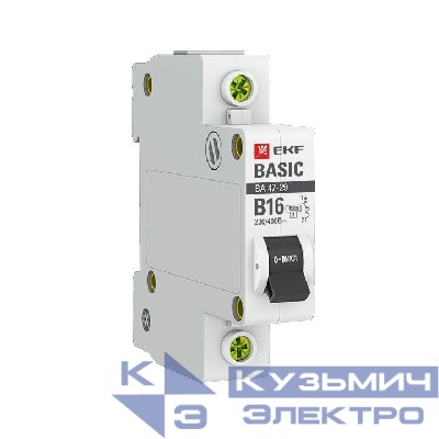 Выключатель автоматический модульный 1п B 16А 4.5кА ВА 47-29 Basic EKF mcb4729-1-16-B