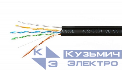 Кабель Skynet Premium UTP4 cat.5е, одножильный, 305м, Cu, Проходит Fluke тест, для наружных работ, с тросом, черный