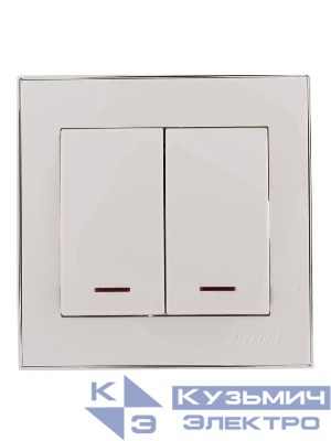 Выключатель 2-кл. СП Rain 10А IP20 с подсветкой с хром. боковой вставкой бел. LEZARD 703-0225-112