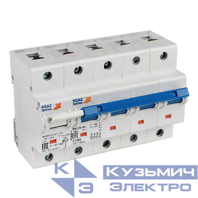Выключатель автоматический модульный 4п D 100А 10кА OptiDin BM125-4ND100-НР-14ln-УХЛ3 с независимым расцепителем КЭАЗ 336386