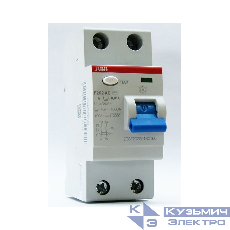 Выключатель дифференциального тока (УЗО) 2п 25А 100мА тип AC F202 ABB 2CSF202001R2250