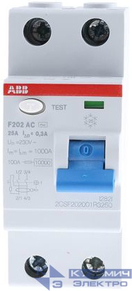 Выключатель дифференциального тока (УЗО) 2п 25А 300мА тип AC F202 ABB 2CSF202001R3250