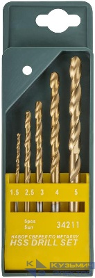 Набор сверл HSS по металлу титановое покрытие 5шт (1.5-2.5-3-4-5мм) FIT 34211