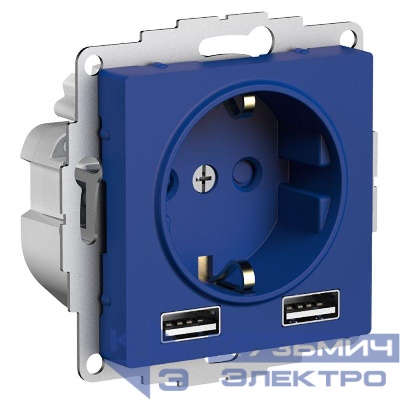 Розетка AtlasDesign 16А с 2-мя заряд. устройствами USB тип A+A 5В/2.4А 2х5В/1.2А механизм аквамарин SE ATN001130