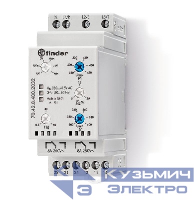 Реле контрольное для 3-фазных сетей пониженное/повышенное напряжение обрыв/чередование/асимметрия фаз контроль нейтрали настраиваемые диапазоны выход 2CO 8А 35мм IP20 FINDER 704284002032