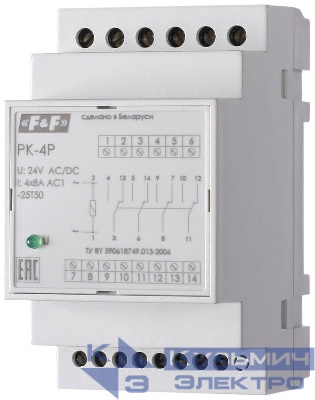 Реле промежуточное PK-4P (монтаж на DIN-рейке 35мм 24В 50Гц 4х8А 4 перекл.) F&F EA06.001.024