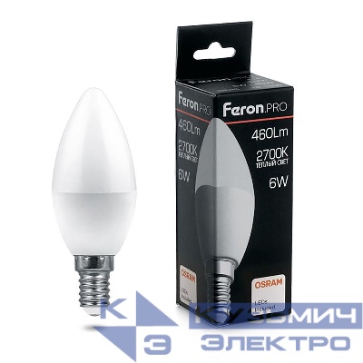 Лампа светодиодная LB-1306 6Вт C37 свеча 2700К E14 230В FERON 38044