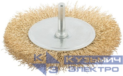 Корщетка тип "колесо" со штифтом стальная латунированная волнистая проволока 100мм MOS 38485М
