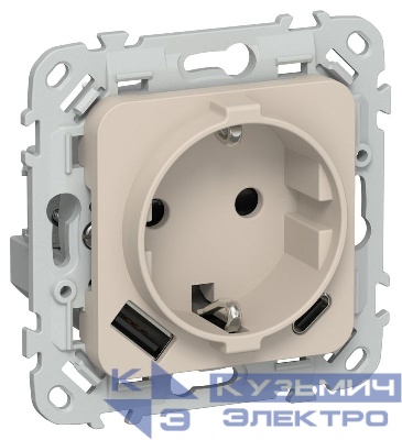 Розетка 1-м СП FLITE РСЮшс11-1-ФлЛ 16А с USB A+C 20Вт с заземл. с защ. шторками безвинтовое крепление механизм льняной IEK FI-R14-16-1-U22-020-K88