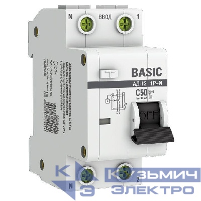 Выключатель автоматический дифференциального тока 2п (1P+N) C 50А 30мА тип AC 4.5кА АД-12 Basic EKF DA12-50-30-bas